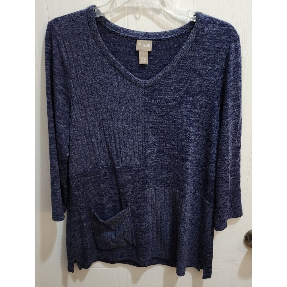 Chicos Women's 3/4 Sleeves Pullover Sweater Top V Neck‎ One Pocket Ribbed Soft M